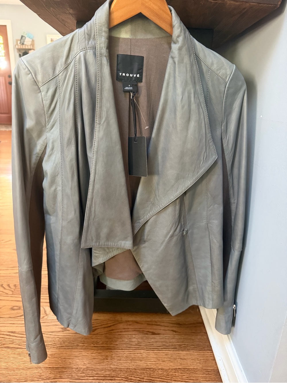 Trouvé Gray Leather Draped Jacket with Waterfall Front